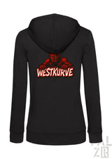 Schwarze Kapuzenjacke mit Reißverschluss, rotem Teufel-Design und ’westkurve’-Text.