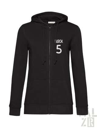 Schwarzes Reißverschluss-Hoodie mit ‘139ck 5’’-Design auf der Vorderseite.
