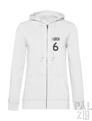Weißes Reißverschluss-Hoodie mit schwarzem Text- und Zahlen-Design.