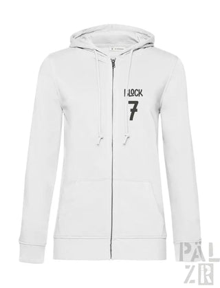 Weiße Kapuzenjacke mit Reißverschluss, „i 4 rock’ und der Nummer ’7’ auf der Vorderseite, aus Kapuzenschweißshirt-Material.