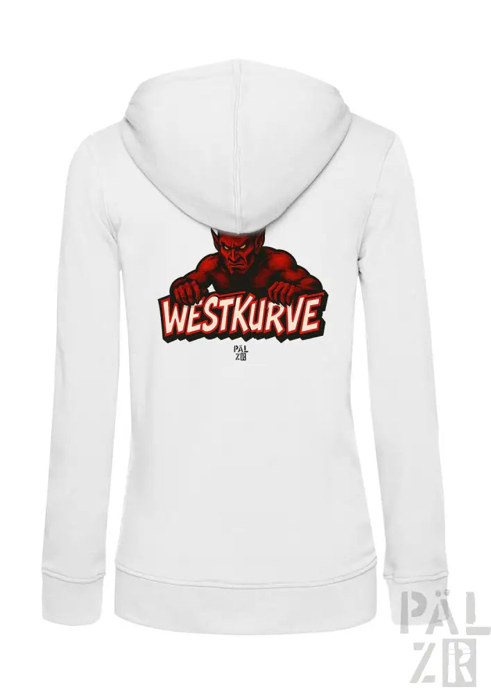 Weiße Kapuzenjacke mit Reißverschluss, rotem Teufel-Design und Text ’westkurve’.
