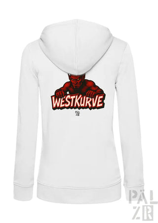 Weiße Kapuzenjacke mit Reißverschluss, rotem Teufel-Design und Text ’westkurve’.