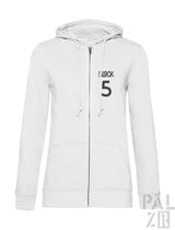 Weiße Kapuzenjacke mit Reißverschluss und „i block 5“-Design auf der Vorderseite.