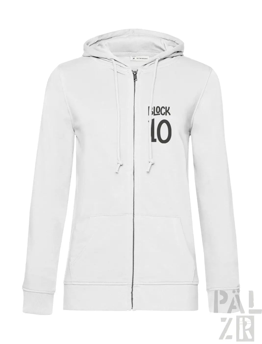 Weiße Kapuzenjacke mit Reißverschluss und schwarzem Textdesign.