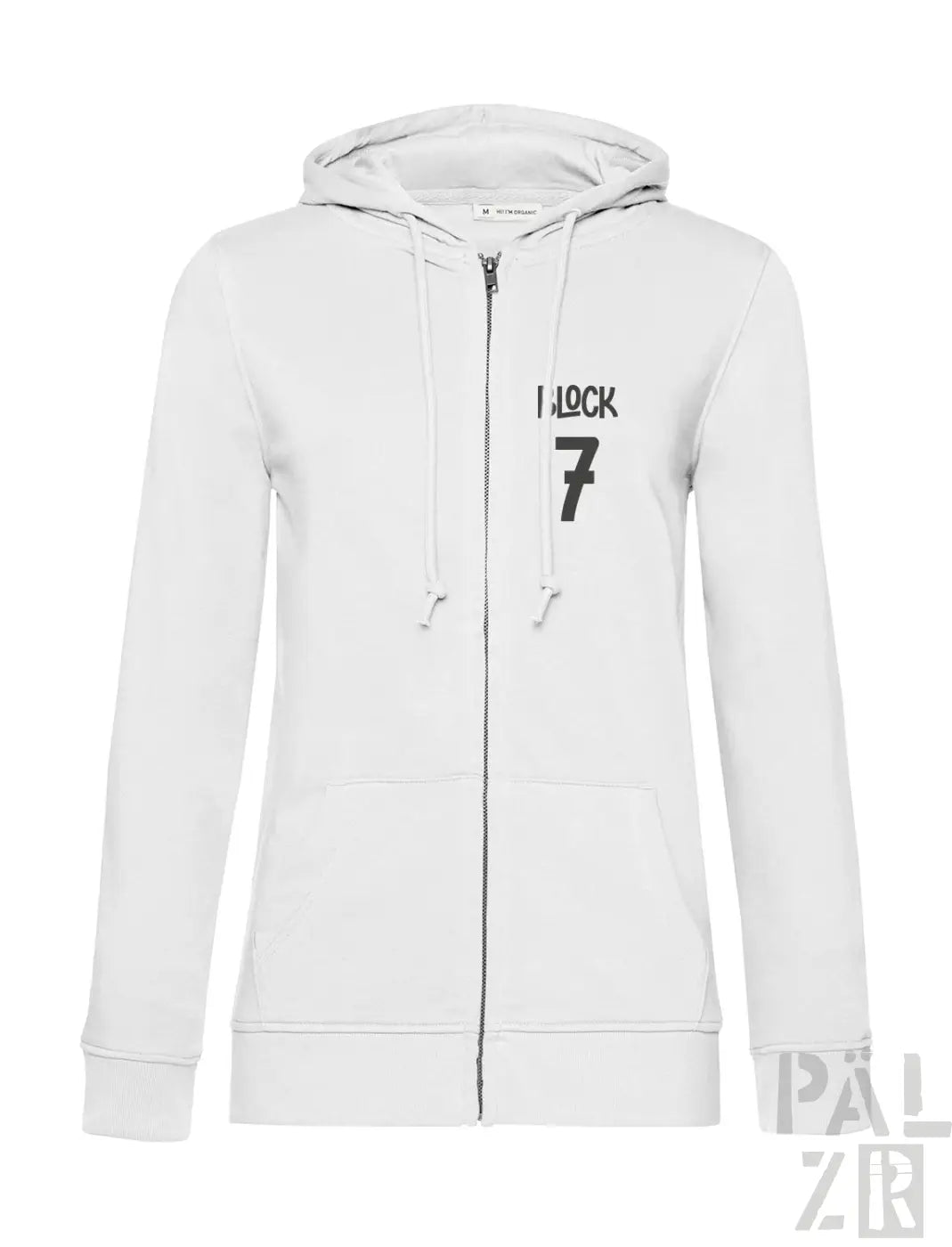 Weiße Kapuzenjacke mit Reißverschluss, „i 4 rock’ und der Nummer ’7’ auf der Vorderseite, aus Kapuzenschweißshirt-Material.