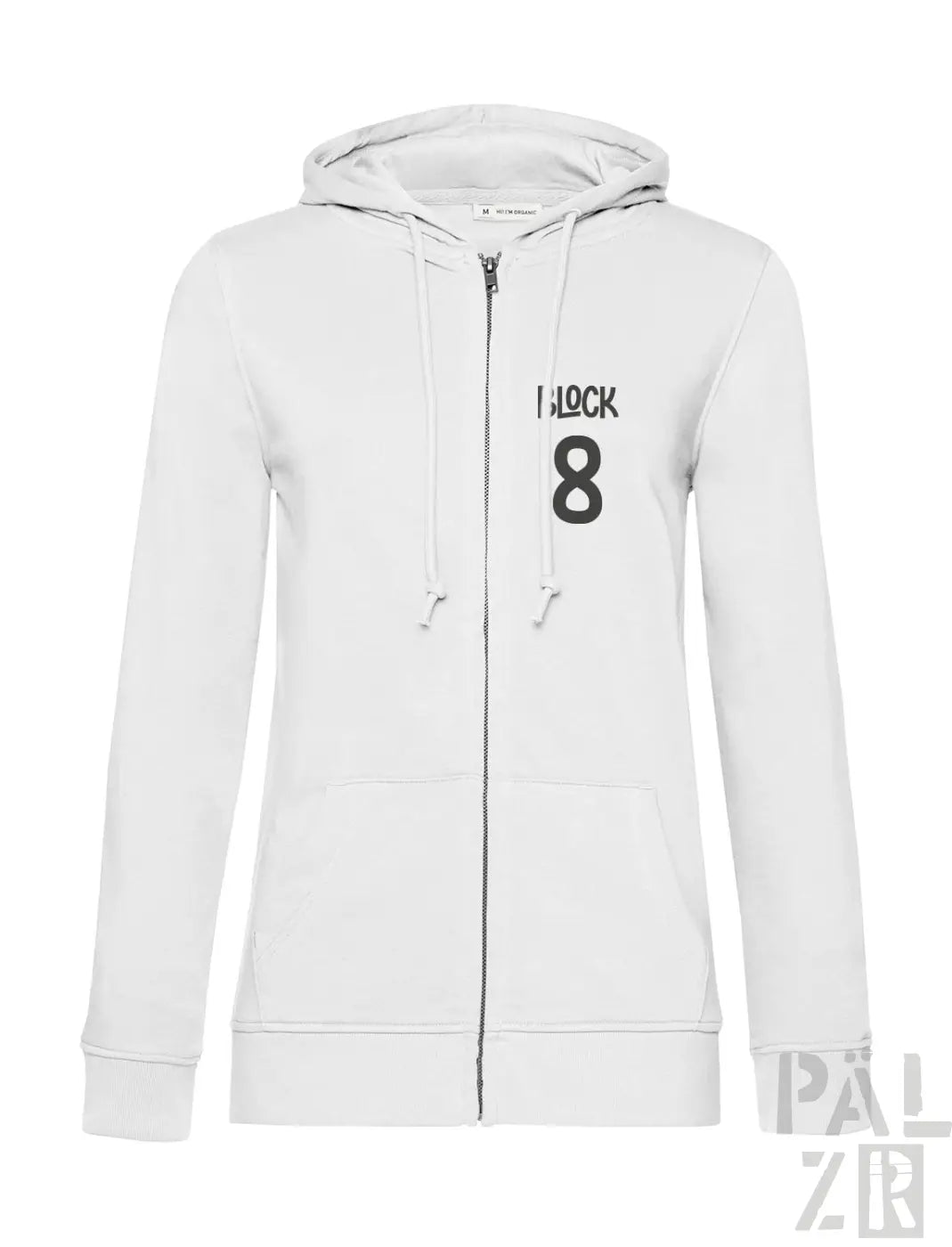 Weiße Kapuzenjacke mit Reißverschluss und schwarzem Textdesign „black 8“ auf der Vorderseite.