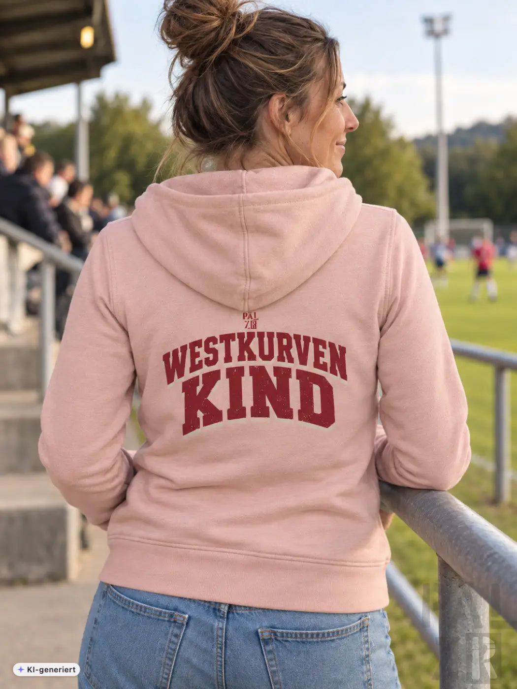 Weiches pinkes damen kapuzensweatshirt mit rotem westkurvenkind schriftzug auf der rückseite