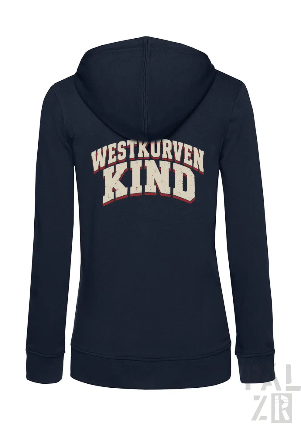 Frauen navyblauer zip-up hoodie mit westkurvenkind print in creme und rot auf der rückseite in verschiedenen farben