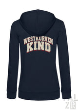 Frauen navyblauer zip-up hoodie mit westkurvenkind print in creme und rot auf der rückseite in verschiedenen farben