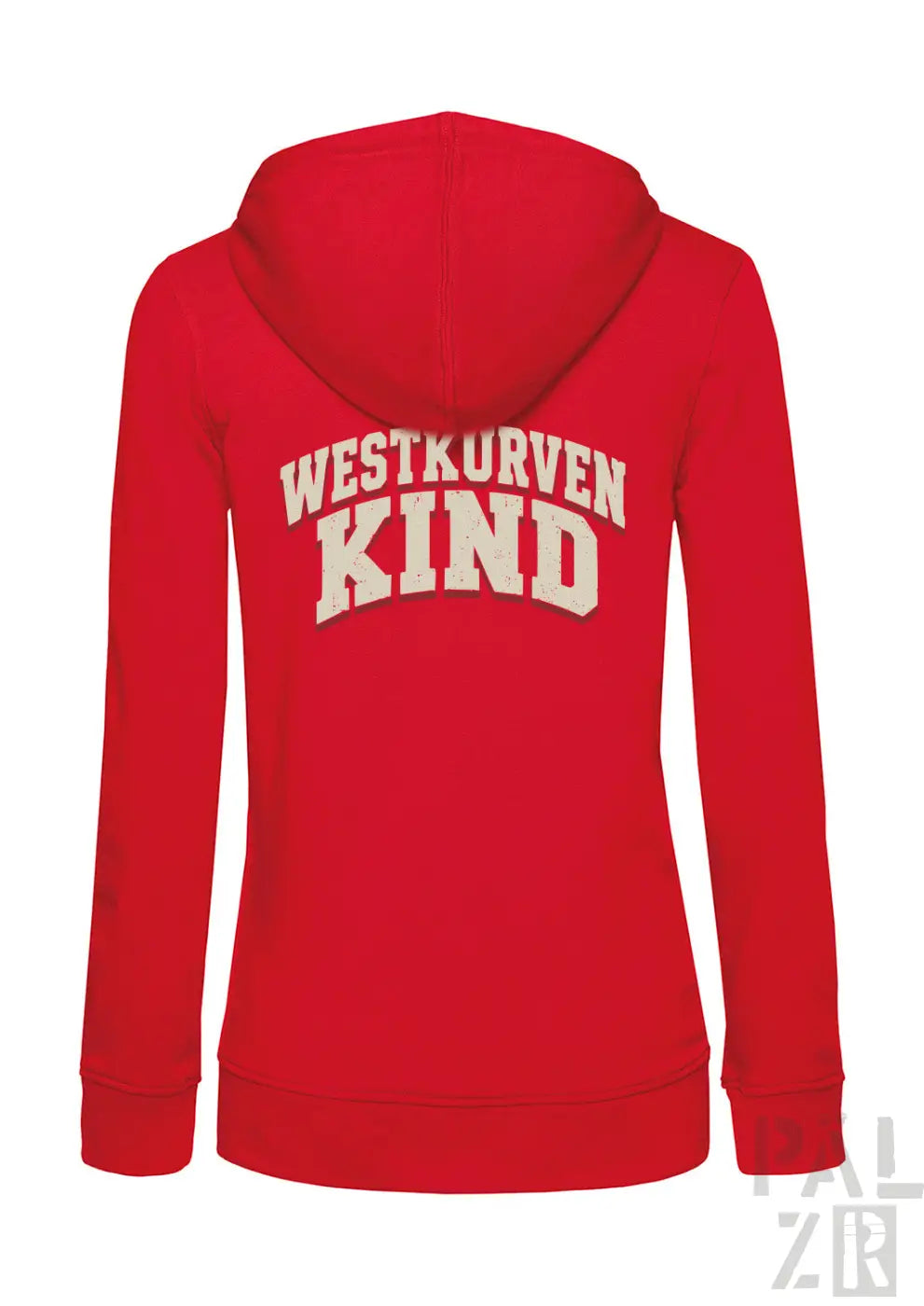 Rückseite eines roten zip-hoodies frauen model mit cremefarbener westkurvenkind schrift in verschiedenen farben
