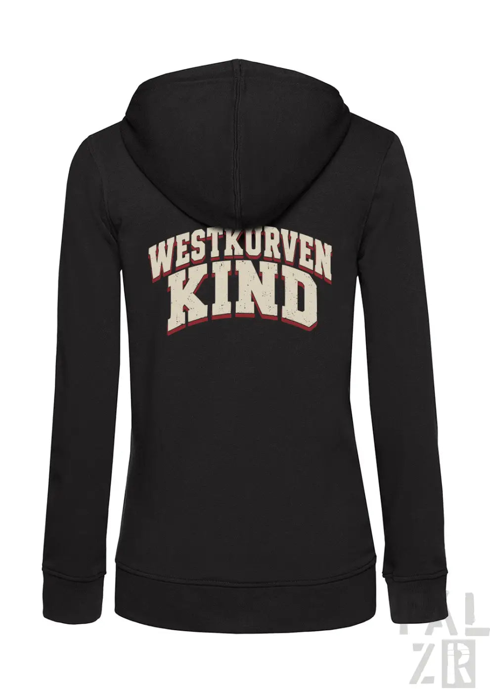 Schwarzer zip-up hoodie für frauen mit westkurvenkind print in creme und bordeaux auf der rückseite