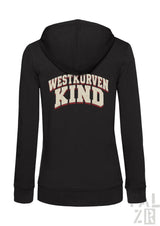 Schwarzer zip-up hoodie für frauen mit westkurvenkind print in creme und bordeaux auf der rückseite