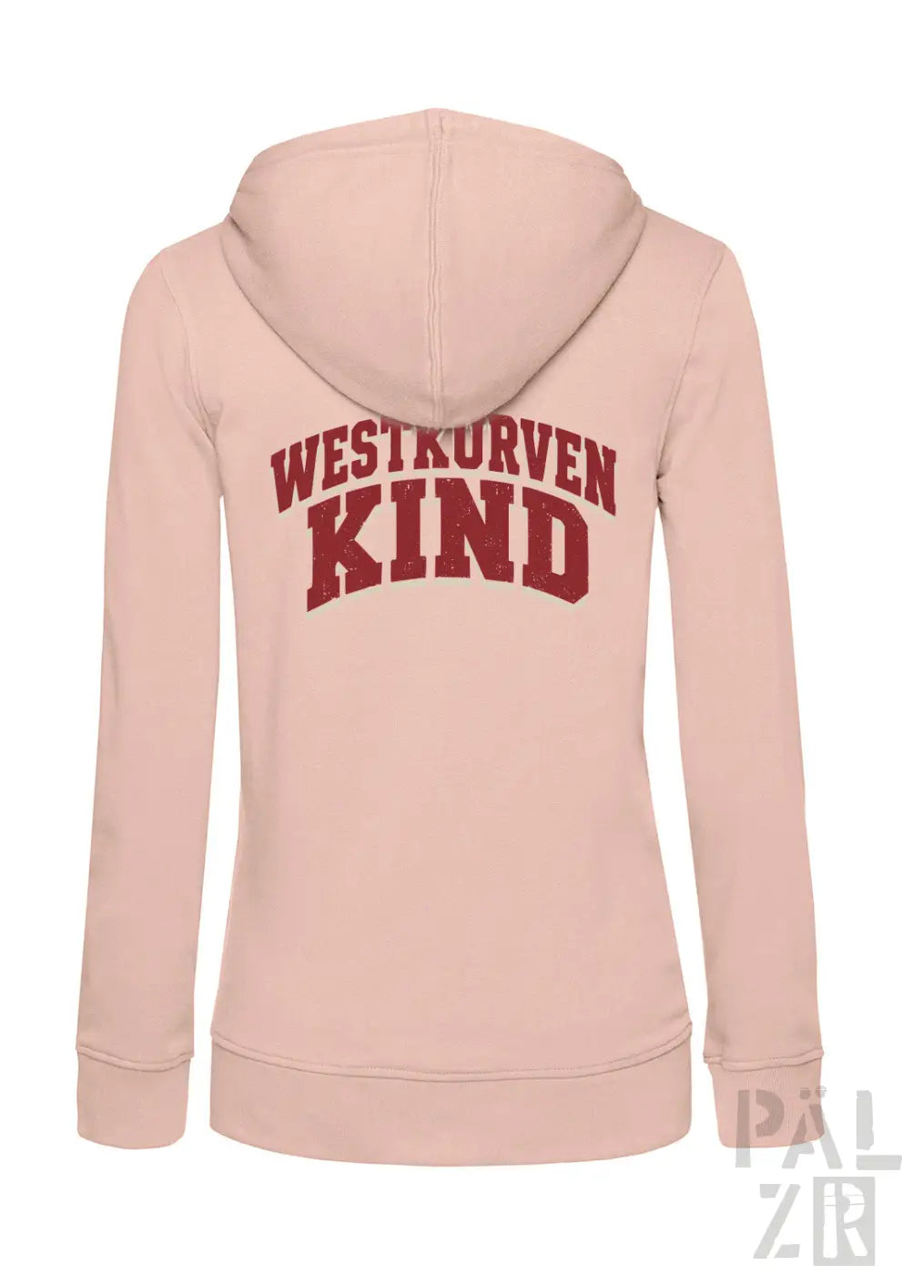 Weiblicher blush pink zip-up hoodie mit rotem westkurvenkind schriftzug auf der rückseite in verschiedenen farben