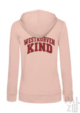 Weiblicher blush pink zip-up hoodie mit rotem westkurvenkind schriftzug auf der rückseite in verschiedenen farben