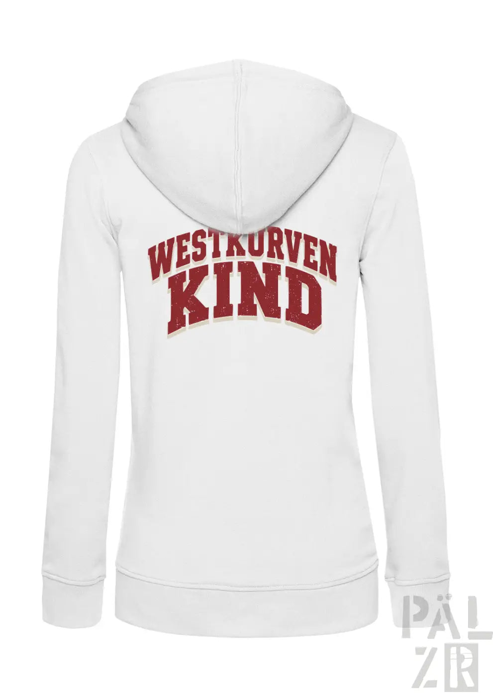 Weißer frauen zipper hoodie mit westkurvenkind in rotem bogen aufdruck auf der rückseite in verschiedenen farben