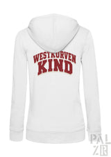 Weißer frauen zipper hoodie mit westkurvenkind in rotem bogen aufdruck auf der rückseite in verschiedenen farben