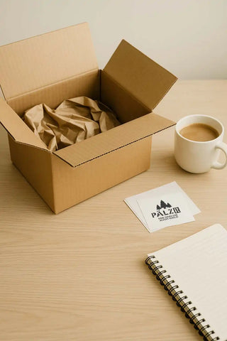 Geöffnete Papp-Versandkarton mit zerknülltem braunem Packpapier.