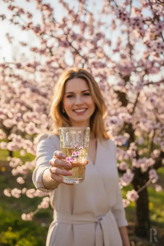 Ein klares Glas-Tumbler, gefüllt mit einer goldenen Flüssigkeit und zarten rosa Kirschblüten, die darin schwimmen.