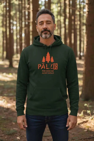 Grüner Hoodie mit Kapuze, Orange-Baum-Design und Text 'pälzer' auf der Vorderseite.