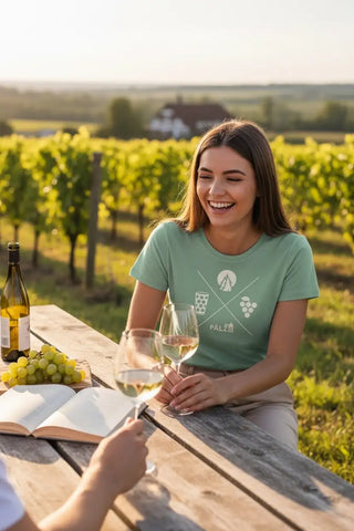 Grünes T-Shirt mit weißem Grafikdesign, das ein Kreuz und Weingläser zeigt, Modell: kalte.