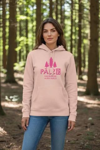 Hellrosa Hoodie mit Burgen-Design und Text „palzb“ in passender Farbe, aus weichem Baumwollstoff gefertigt.