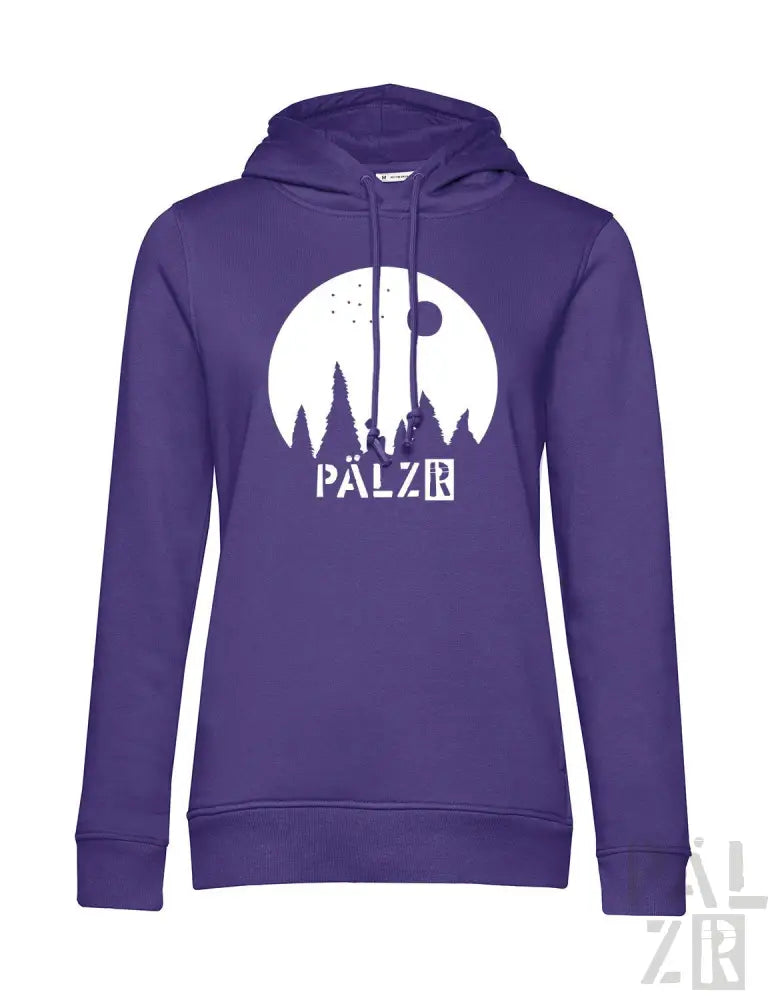 Lila Hoodie mit weißem „palzr“-Logo und Silhouettendesign.
