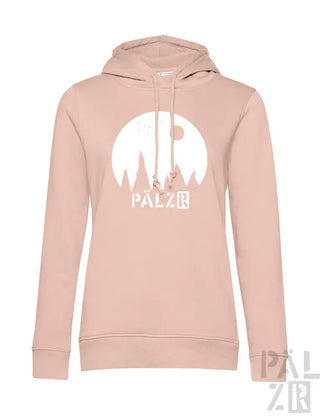 Rosa Hoodie mit ‚palzir‘-Logo und grafischem Design mit einer Figur am Seil, aus weichem Baumwollstoff.