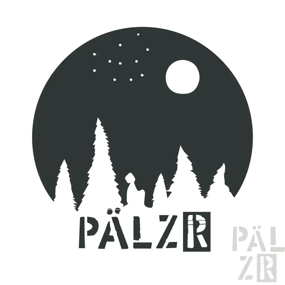 Schwarz-Wald-Silhouette-Sticker mit weißem Mond und Sternen, beliebtes Markenlogo pälzr.