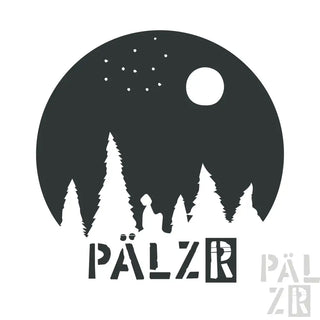 Schwarz-Wald-Silhouette-Sticker mit weißem Mond und Sternen, beliebtes Markenlogo pälzr.