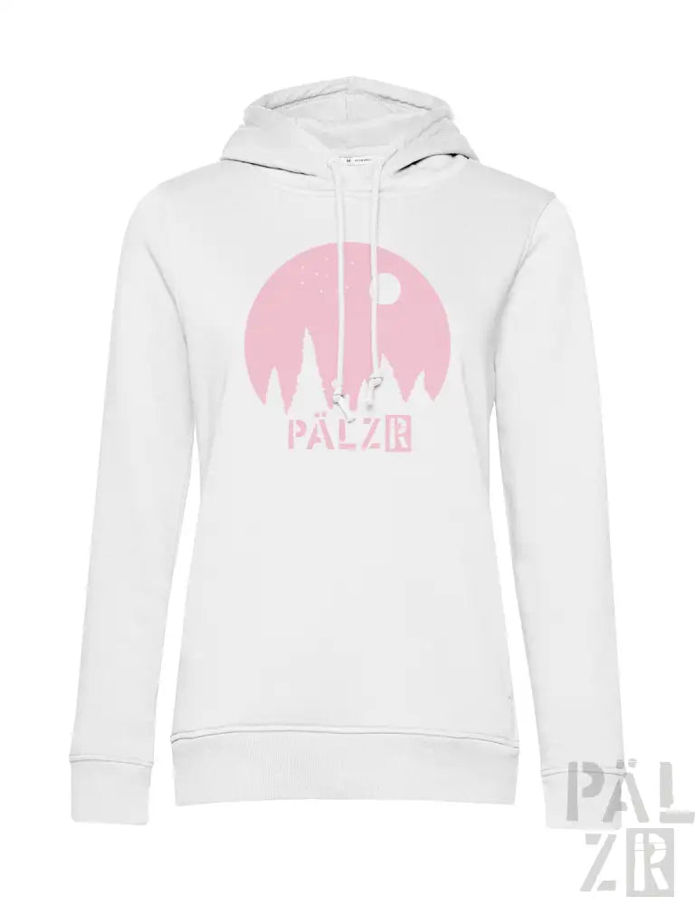 Weißes Hoodie mit rosa Burgen-Design und ’palzie’-Text.