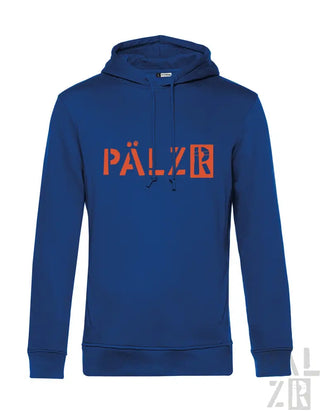 Königsblaues Hoodie mit ’pälzr’-Logo in rot-weißer Gestaltung, hergestellt aus weichem Baumwollmaterial.