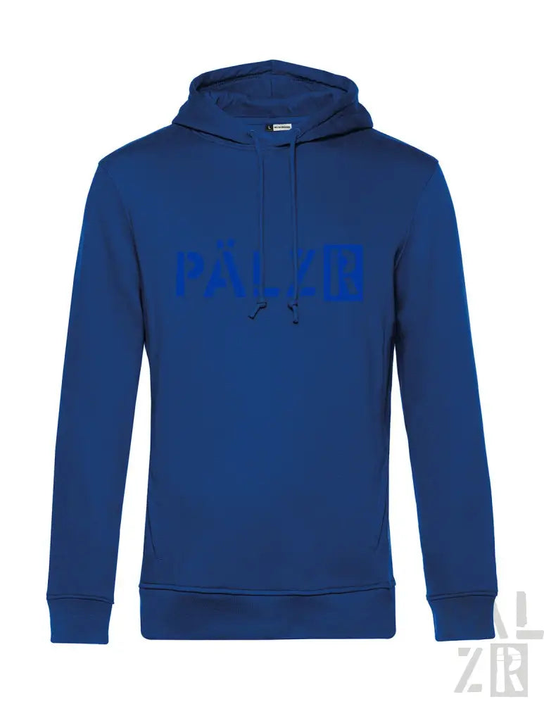 Königsblaues Hoodie mit ’palzb’-Logo in Dunkelblau auf der Vorderseite, aus weichem Baumwollmaterial gefertigt.