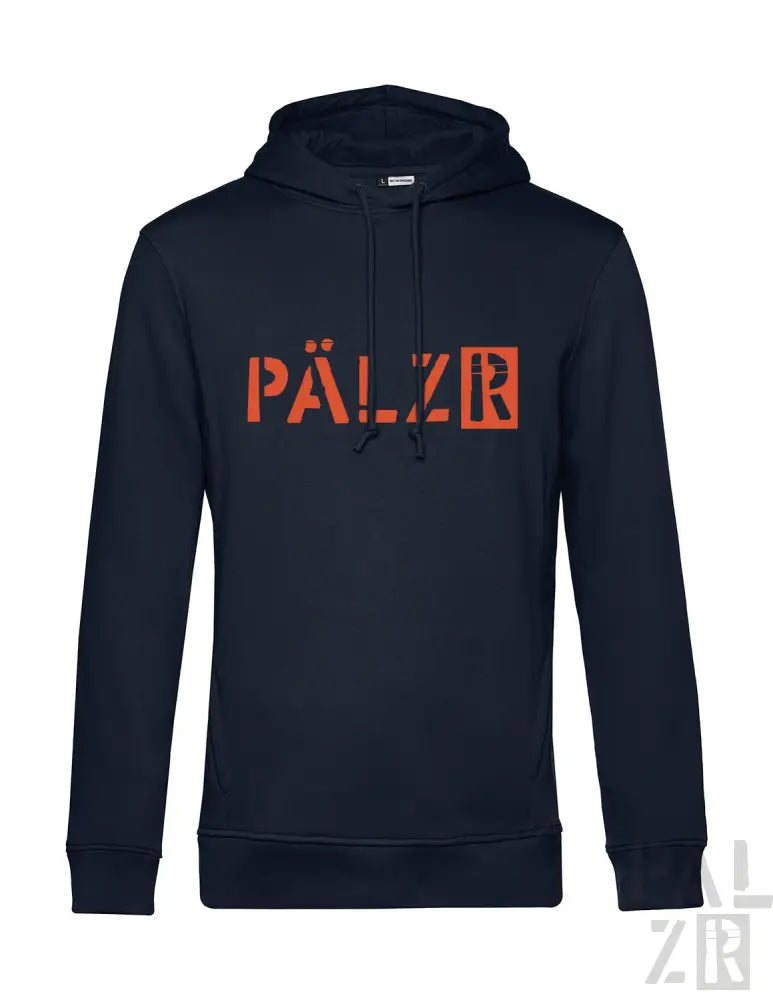 Marineblaue Kapuzenjacke mit orangem „pälzr“-Logo-Design, aus Fleece-Material gefertigt.