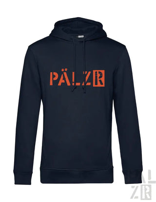 Marineblaue Kapuzenjacke mit orangefarbenem ’pälzr’ Logo-Design, aus Fleece-Material gefertigt.