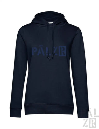 Marineblaue Kapuzenjacke mit ’palzir’-Logo in Weiß und Schwarz, aus weichem Baumwollstoff.