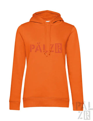 Orange Kapuzenpulli mit ’palzr’-Logo in Pink auf Vorder- und Rückseite.