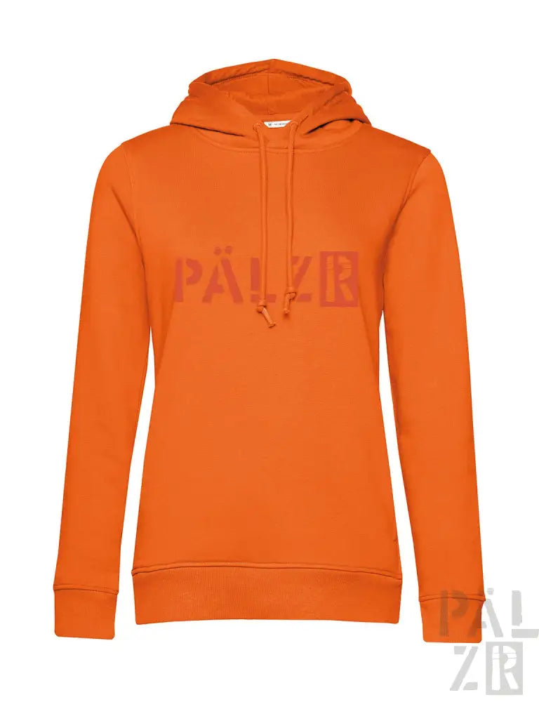 Orange Kapuzenpulli mit ’palzr’-Logo in Pink auf Vorder- und Rückseite.