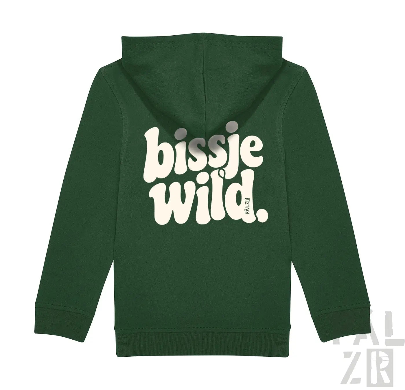Dunkelgrüner kinder zip-up hoodie mit weißem bissje wild print und palzib markenname auf der rückseite