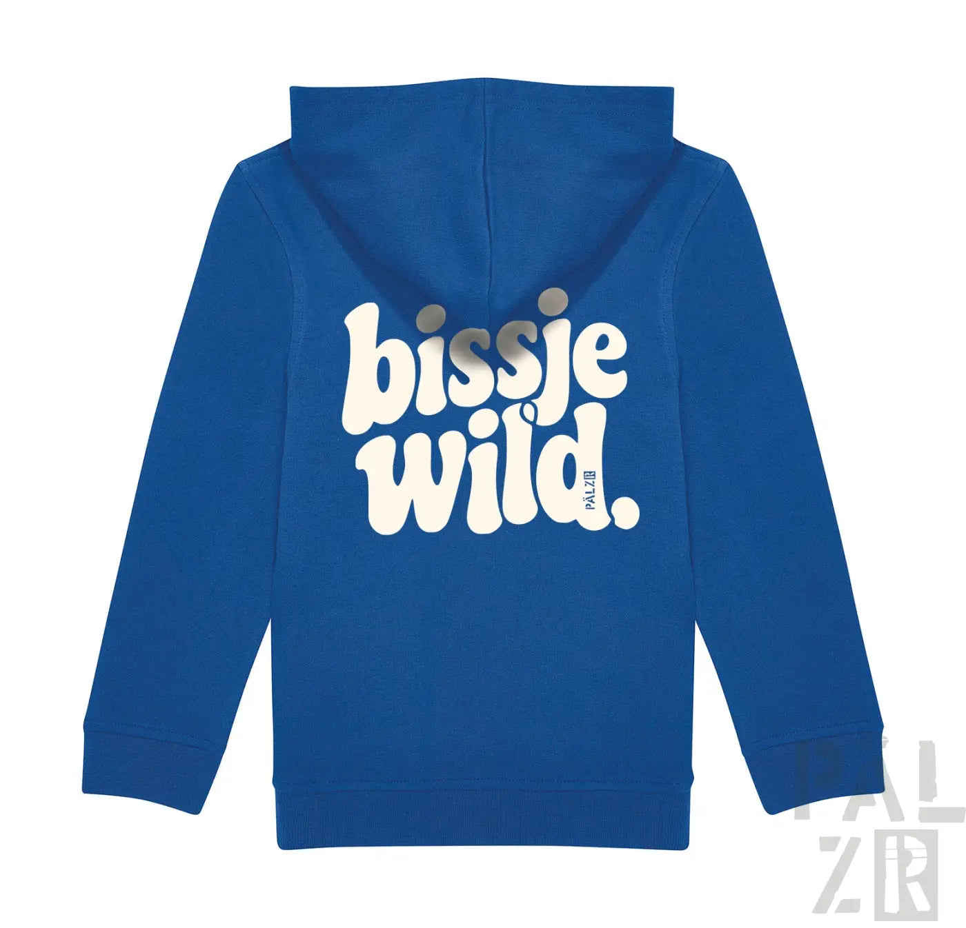 Blauer kinder hoodie aus baumwolle mit auffälligem weißem bissje wild rückendruck in verspielter schrift
