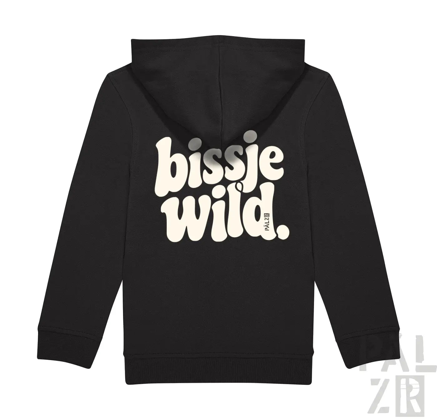 Schwarzer kinder zip-up hoodie mit cremefarbenem bissje wild schriftzug auf der rückseite in verschiedenen farben erhältlich