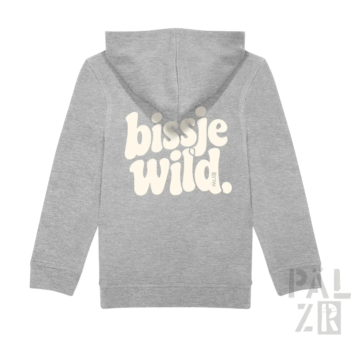 Grauer melierter kinder-zip-up hoodie mit cremefarbenem bissje wild print auf der rückseite in verschiedenen farben