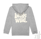 Grauer melierter kinder-zip-up hoodie mit cremefarbenem bissje wild print auf der rückseite in verschiedenen farben