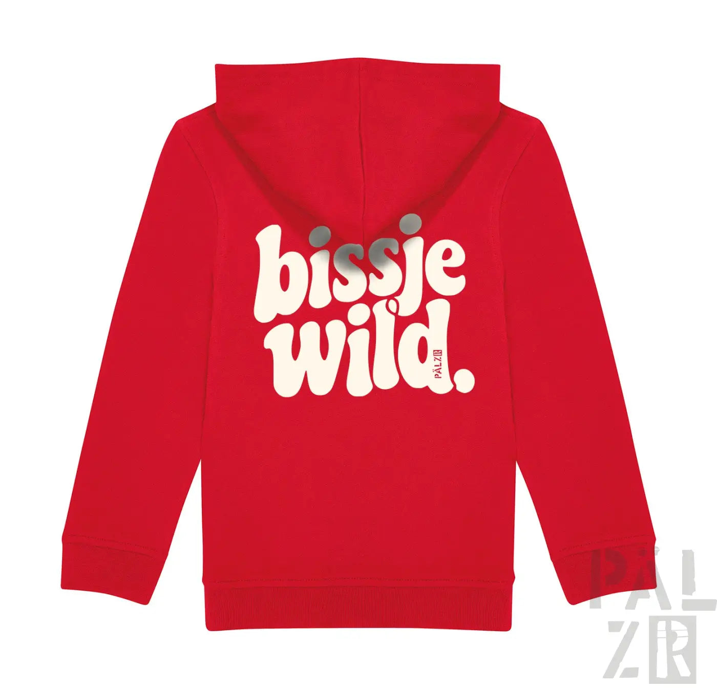 Rote kinder hoodie mit weißem bissje wild print auf der rückseite in verschiedenen farben