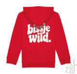 Rote kinder hoodie mit weißem bissje wild print auf der rückseite in verschiedenen farben