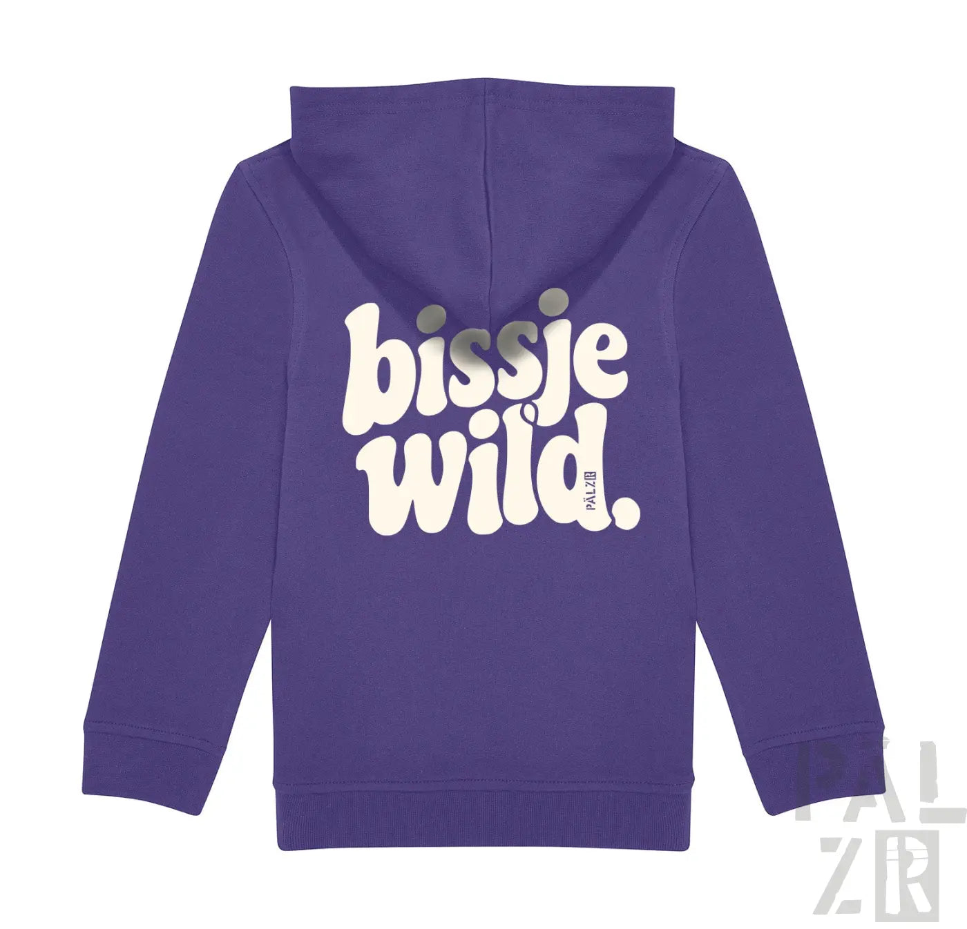 Kinderrückenansicht eines lila zip-hoodies mit weißem bissje wild aufdruck in verschiedenen farben