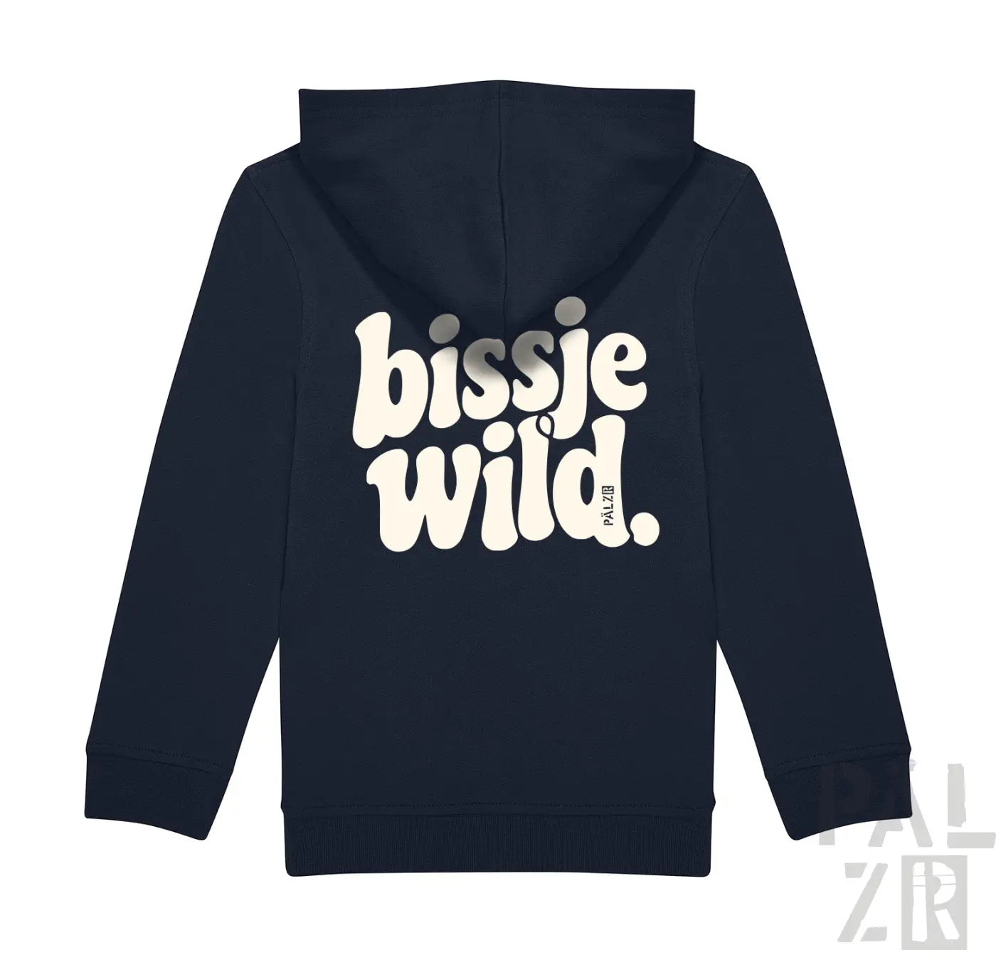 Navyblauer kinder zip-up hoodie mit weißem bissje wild schriftzug auf der rückseite in verschiedenen farben