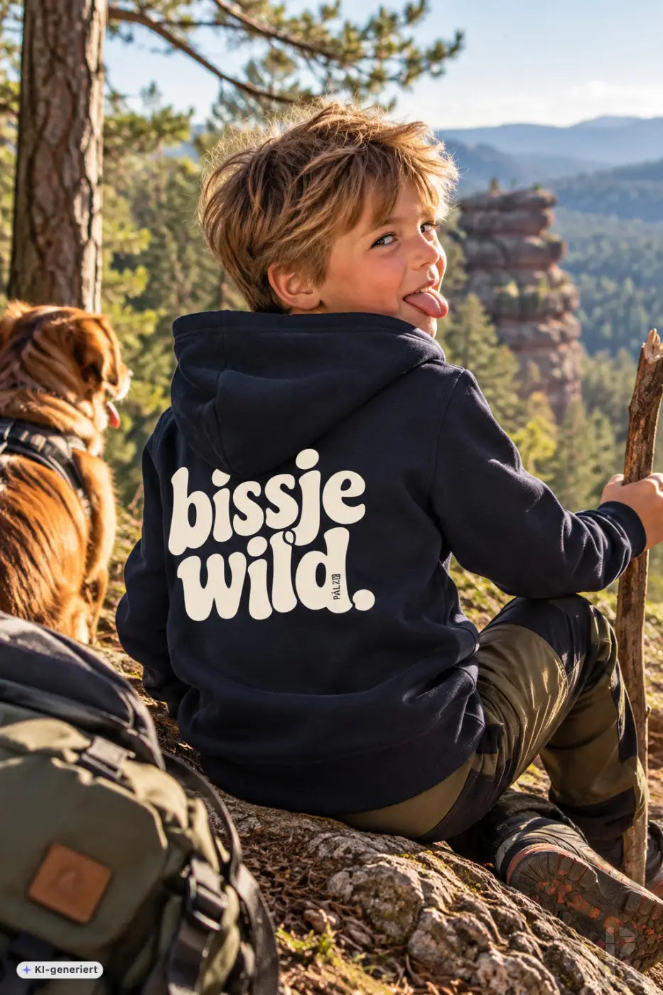Niebla blaues kinder hoodie mit weißem bissje wild schriftzug auf der rückseite in verschiedenen farben