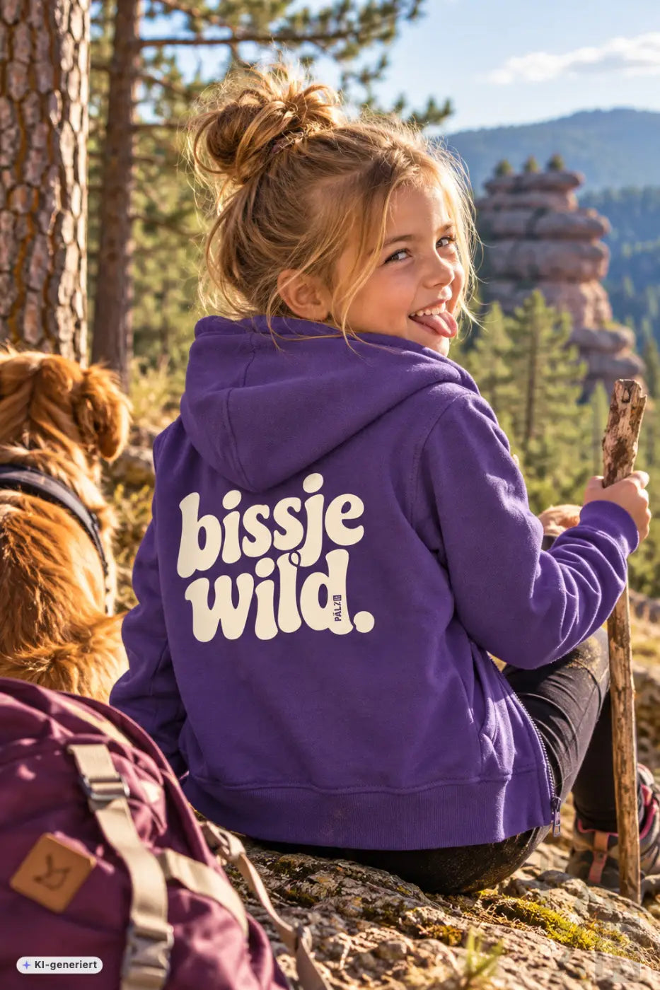 Hochwertiger kinder hoodie in lila mit weißem bissje wild schriftzug auf der rückseite aus weichem material