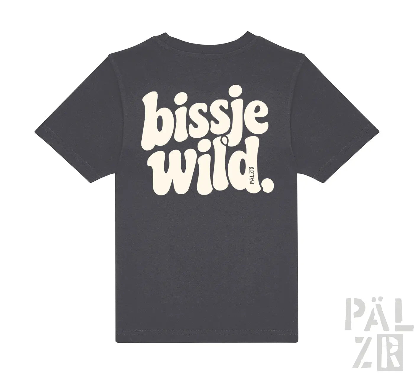 Dunkelgraues kurzarmshirt kinder mit retro hellbeigem bissje wild schriftzug auf der rückseite