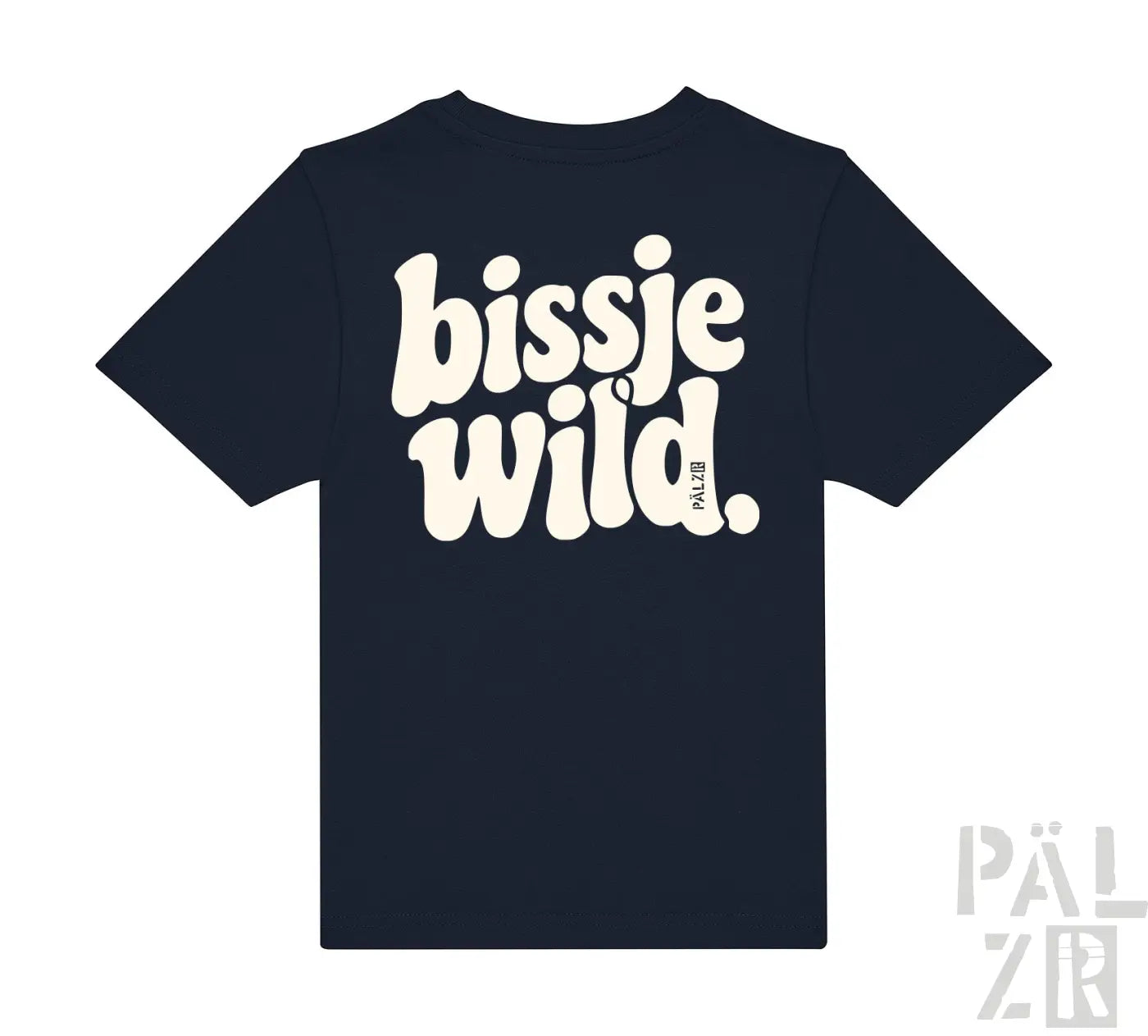 Kinder navyblaues kurzarmshirt mit retro frontprint bissje wild in cremefarben und dezentem palz logo